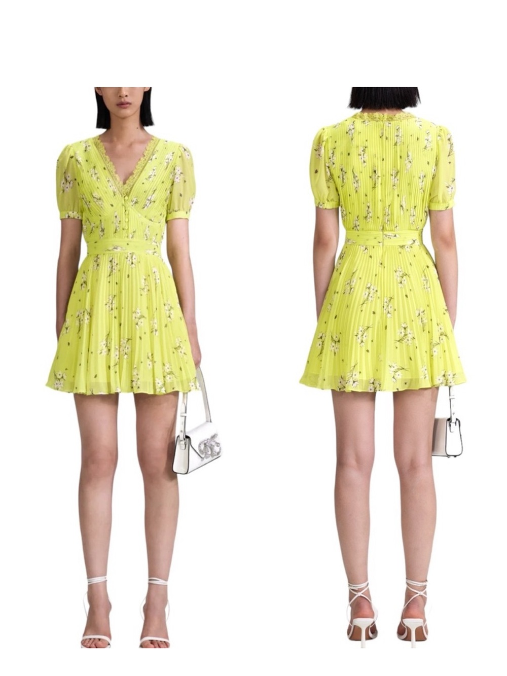 SELF-PORTRAIT LIME FLORAL CHIFFON PLEATED MINI DRESS size 2